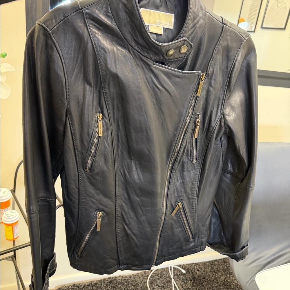 Michael Kors Black Leather Asymmetrical Moto Jacket with Gold Zippers